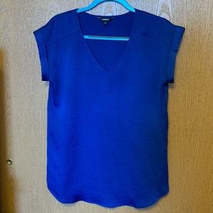 Express satin V neck deep blue short sleeve blouse
